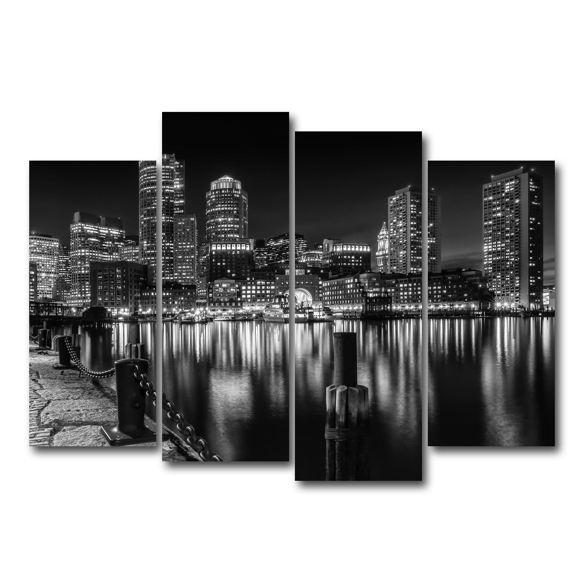 AUTO-MOCKUP WHITE | BOSTON Monochrome Skyline Night | 4 Piece | Gallery Wrap Canvas | group=4_normal