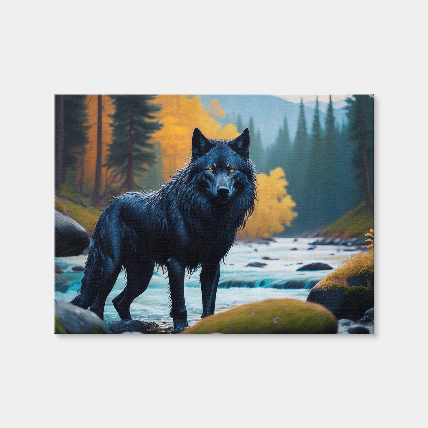 AUTO-MOCKUP WHITE | Black Wolf by the River | 1 Piece | Gallery Wrap Canvas | group=4x3