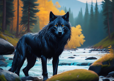 Black Wolf by the river Wall Art