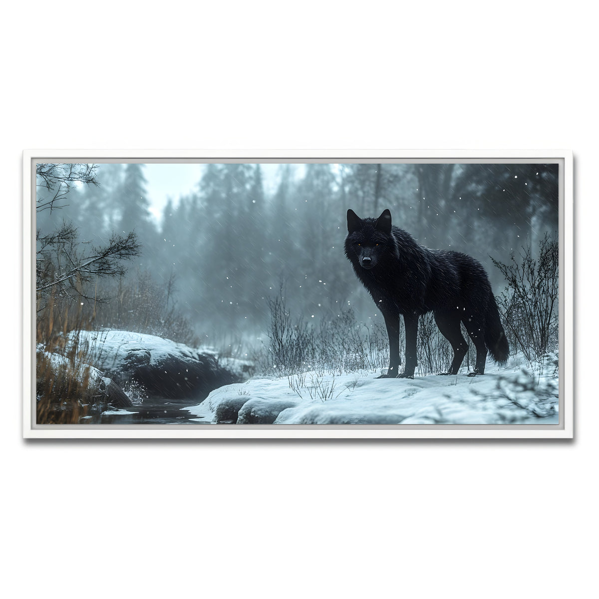 AUTO-MOCKUP WHITE | Black Wolf in Snowy Forest | 1 Piece | White Framed Canvas | group=2x1