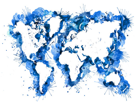 Blue Splatter World Map Wall Art