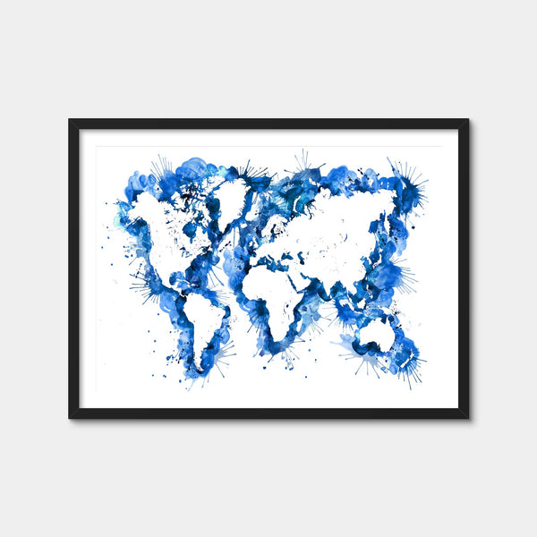 Blue Splatter World Map Wall Art — Framed Print Format preview