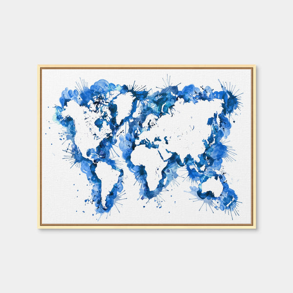 Blue Splatter World Map Wall Art — Framed Canvas Format preview