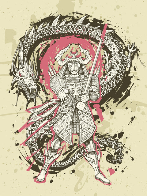 Dragon & samurai battle Wall Art