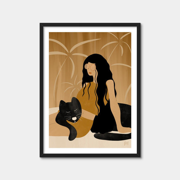 Girl and Wild Black Cat Wall Art — Framed Print Format preview