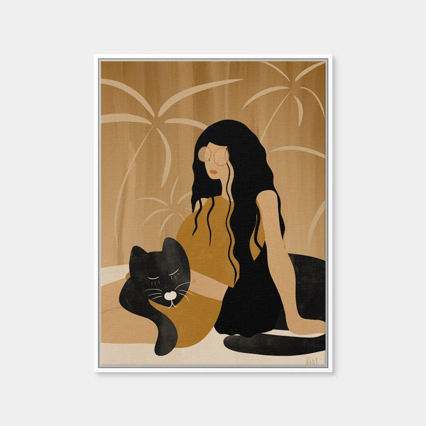 Girl and Wild Black Cat Wall Art — Framed Canvas Format preview
