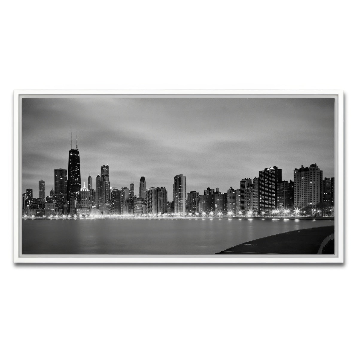 AUTO-MOCKUP WHITE | Grayscale Chicago Skyline | 1 Piece | White Framed Canvas | group=2x1