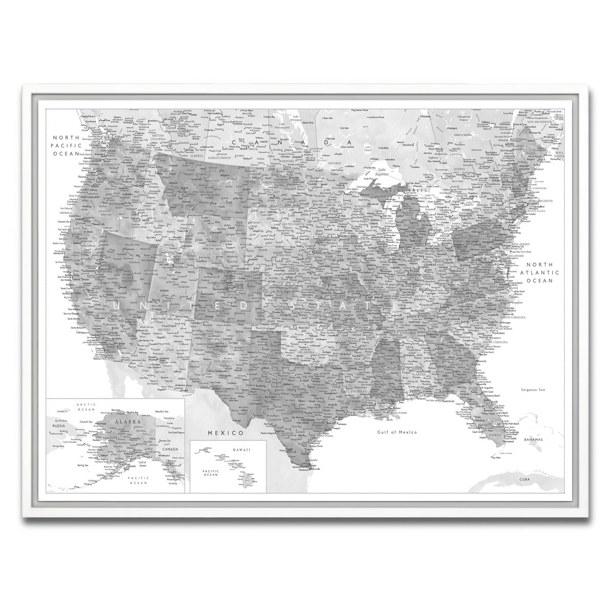 AUTO-MOCKUP WHITE | Grayscale US Map | 1 Piece | White Framed Canvas | group=4x3