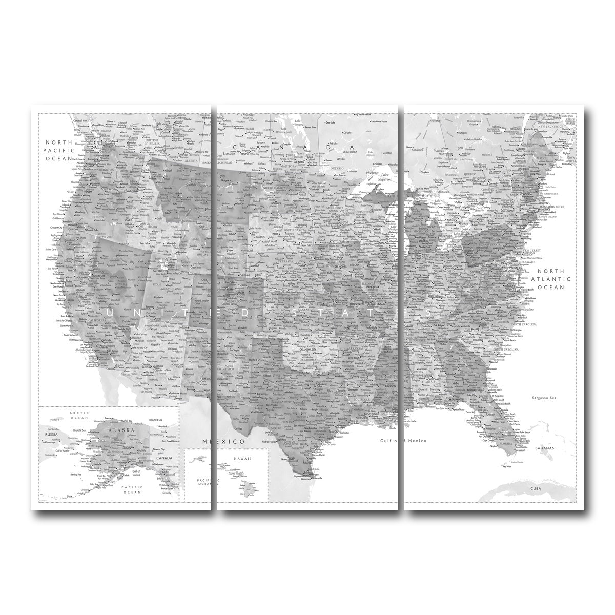 AUTO-MOCKUP WHITE | Grayscale US Map | 3 Piece | Gallery Wrap Canvas | group=8x18