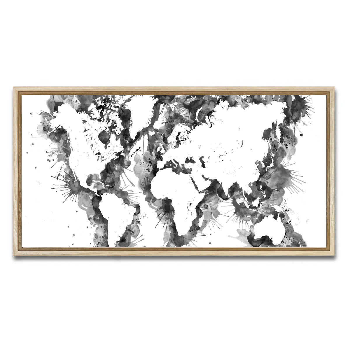 AUTO-MOCKUP WHITE | Grey Splatter World Map | 1 Piece | Natural Framed Canvas | group=2x1