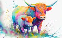 Highland cow and calf watercolor Wall Art