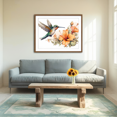 AUTO-MOCKUP ROOM | Hummingbird with Vintage Flowers Wall Art
