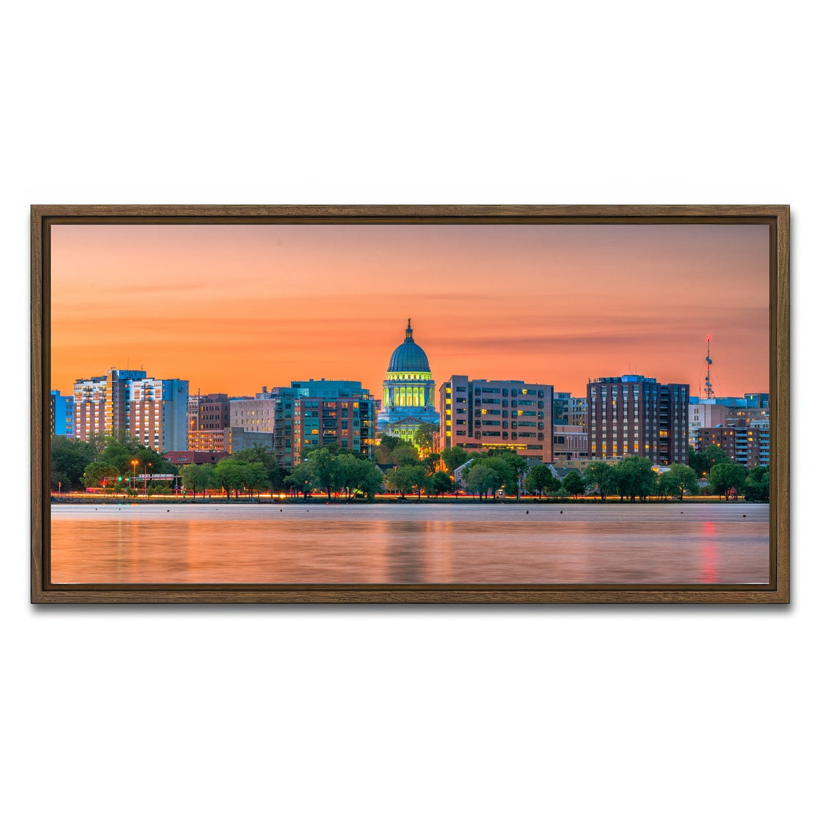AUTO-MOCKUP WHITE | Madison Skyline At Dusk | 1 Piece | Walnut Framed Canvas | group=2x1