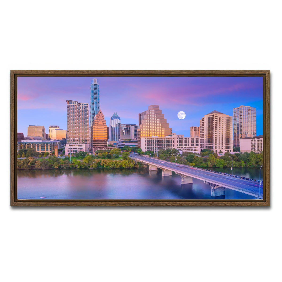 AUTO-MOCKUP WHITE | Moon Over Austin | 1 Piece | Walnut Framed Canvas | group=2x1