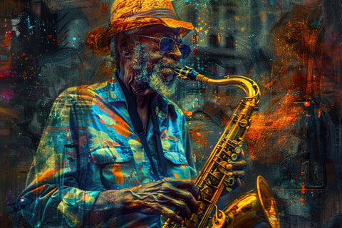 Old saxophonist plays jazz Wall Art
