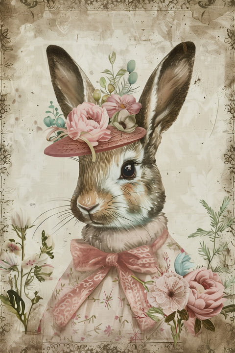 Rabbit wearing floral hat Wall Art