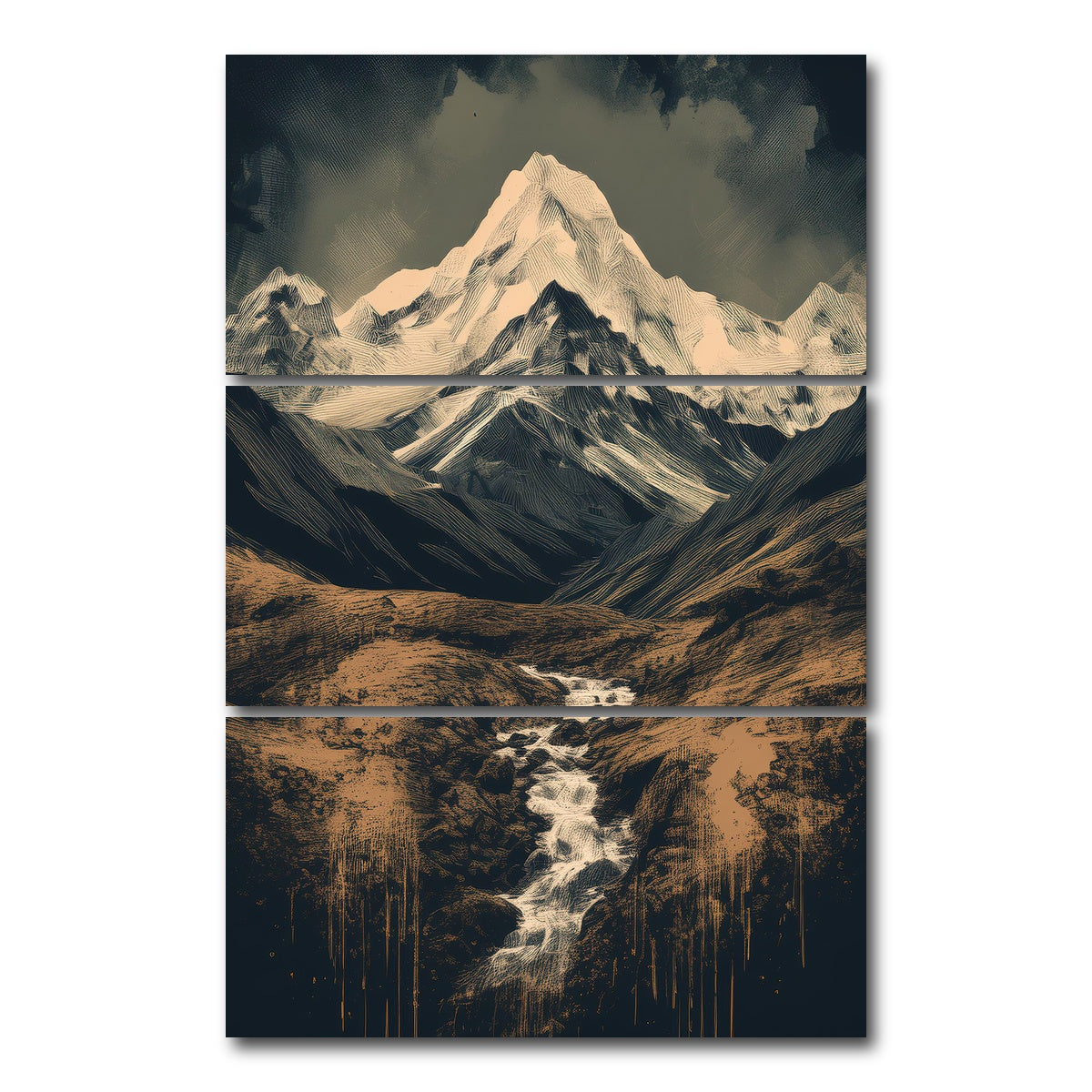 AUTO-MOCKUP WHITE | Retro Mountain Painting | 3 Piece | Gallery Wrap Canvas | group=12x24_stacked