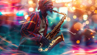 Saxophonist in the city lights Wall Art