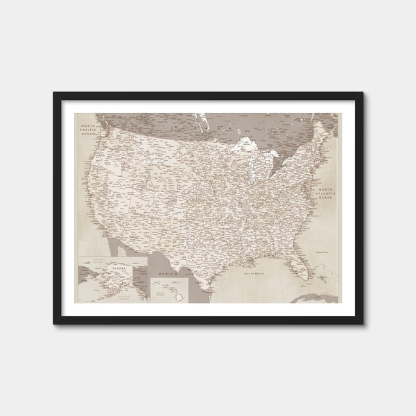 Sepia US Map Wall Art — Framed Print Format preview
