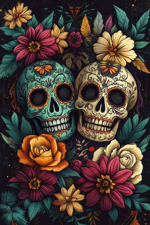 Sugar Skulls with Vibrant Flowers Wall Art