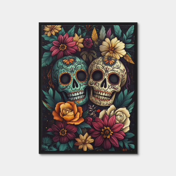 Sugar Skulls with Vibrant Flowers Wall Art — Framed Canvas Format preview
