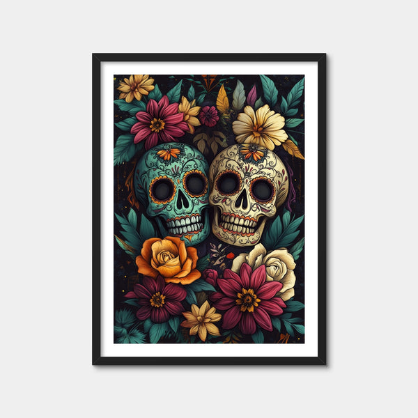 Sugar Skulls with Vibrant Flowers Wall Art — Framed Print Format preview