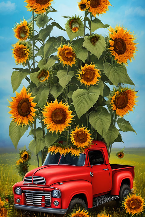 Sunflower Red Truck Wall Art