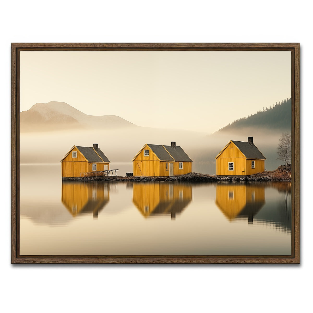 AUTO-MOCKUP WHITE | Three Yellow Houses | 1 Piece | Walnut Framed Canvas | group=4x3