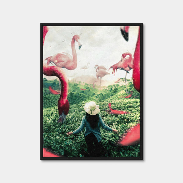 Woman With Flamingos Wall Art — Framed Canvas Format preview
