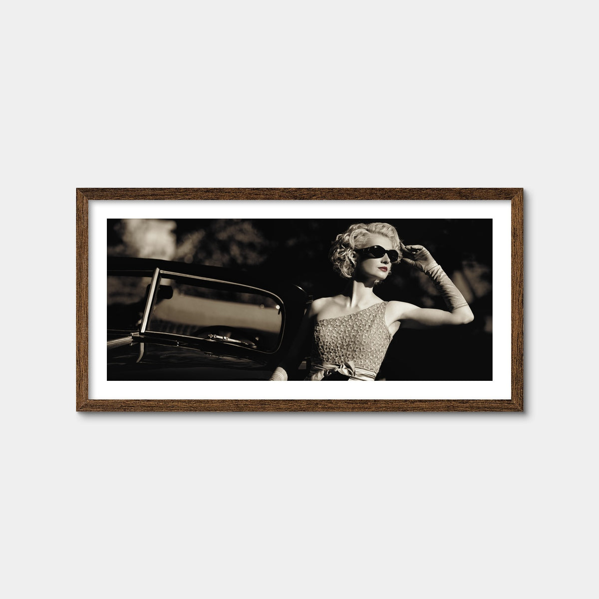 AUTO-MOCKUP WHITE | Woman and Retro Car | 1 Piece | Walnut Framed Print | group=2x1