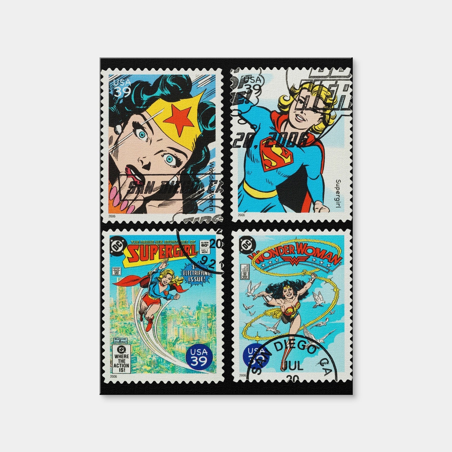 AUTO-MOCKUP WHITE | Wonder Woman and Supergirl Postage Stamps | 1 Piece | Gallery Wrap | group=3x4