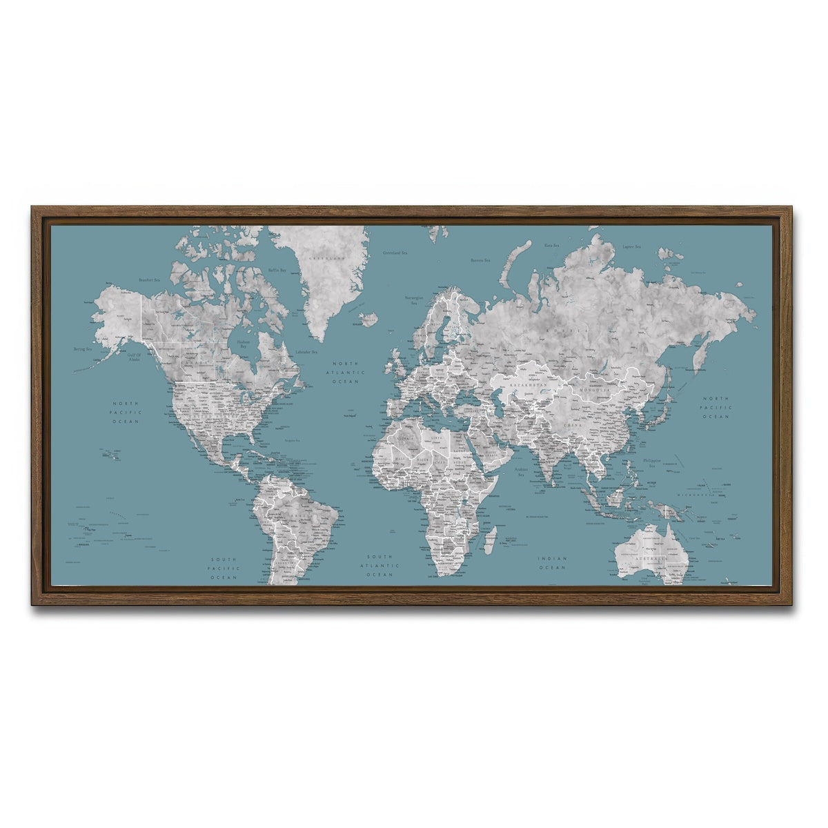 AUTO-MOCKUP WHITE | World Map 15 | 1 Piece | Walnut Framed Canvas | group=2x1