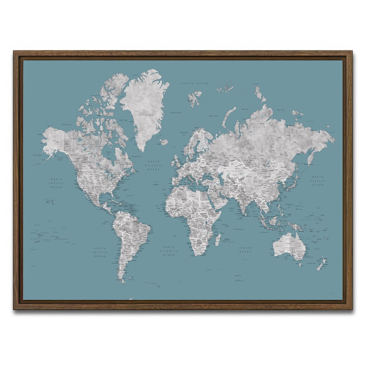 AUTO-MOCKUP WHITE | World Map 15 | 1 Piece | Walnut Framed Canvas | group=4x3