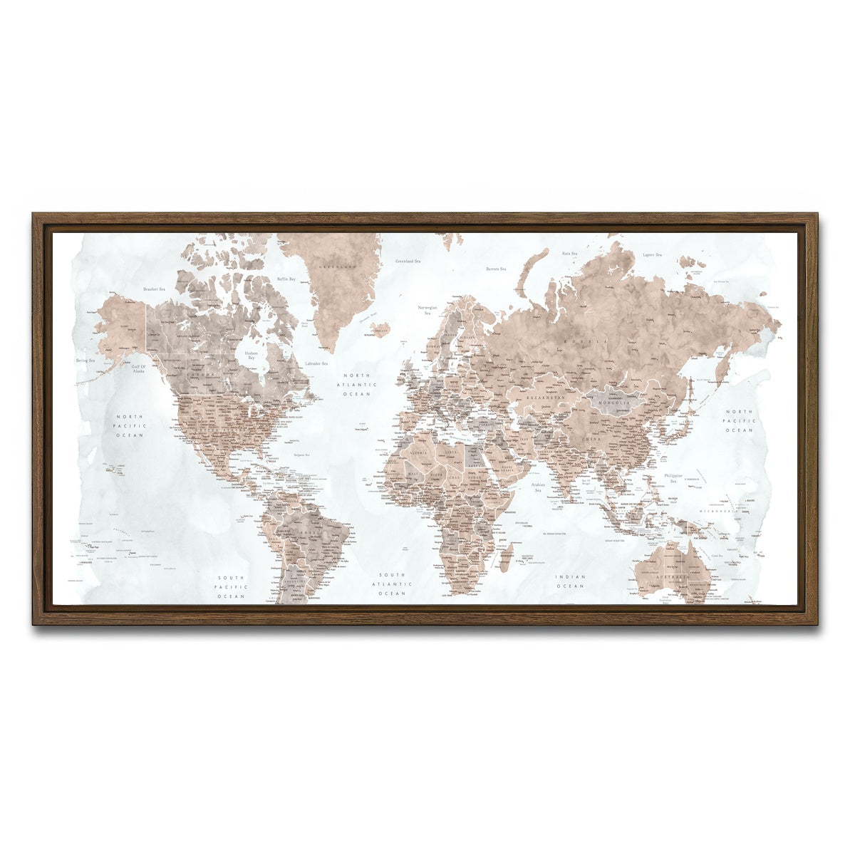 AUTO-MOCKUP WHITE | World Map 23 | 1 Piece | Walnut Framed Canvas | group=2x1
