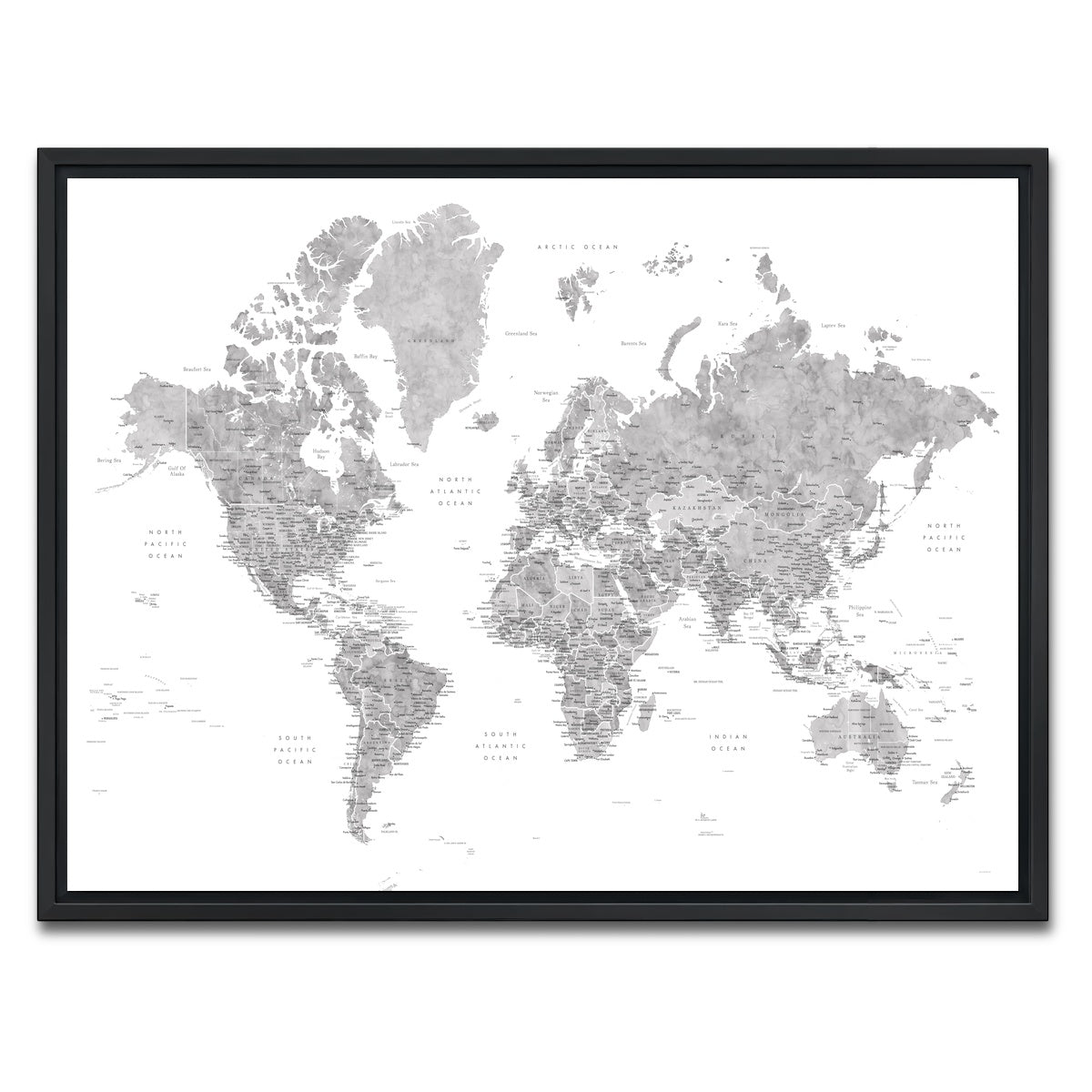 AUTO-MOCKUP WHITE | World Map 2 | 1 Piece | Black Framed Canvas | group=4x3