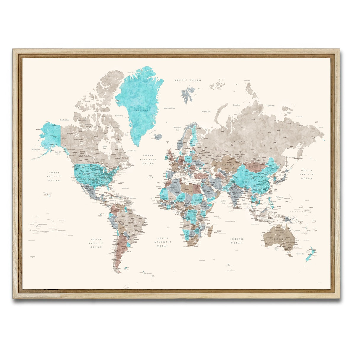 AUTO-MOCKUP WHITE | World Map 32 | 1 Piece | Natural Framed Canvas | group=4x3