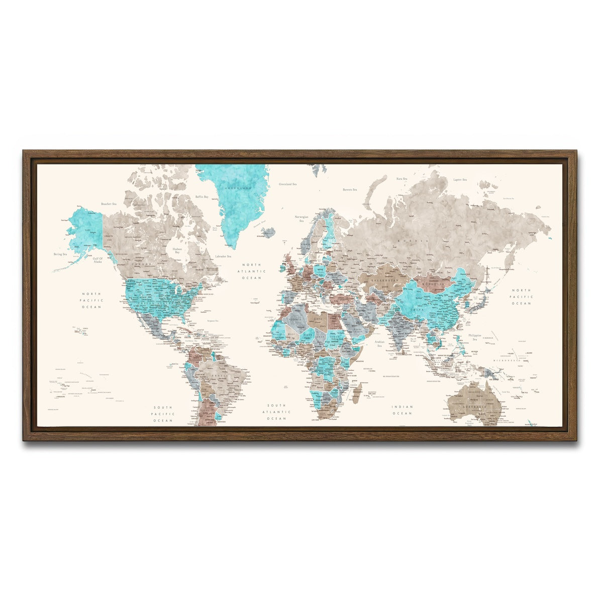 AUTO-MOCKUP WHITE | World Map 32 | 1 Piece | Walnut Framed Canvas | group=2x1