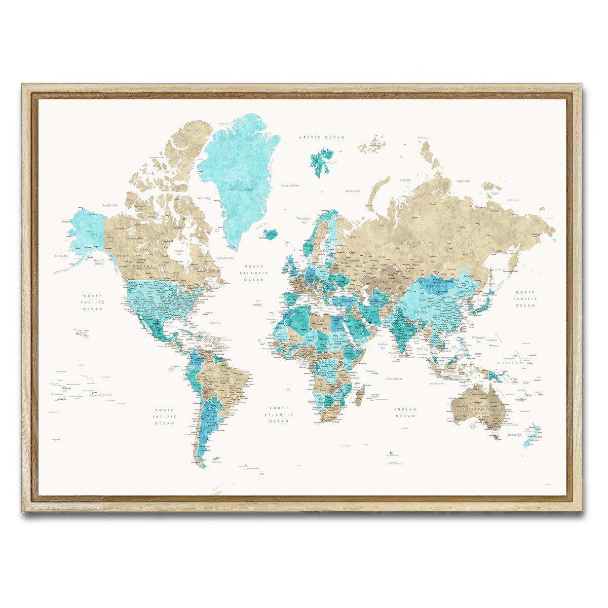 AUTO-MOCKUP WHITE | World Map 33 | 1 Piece | Natural Framed Canvas | group=4x3