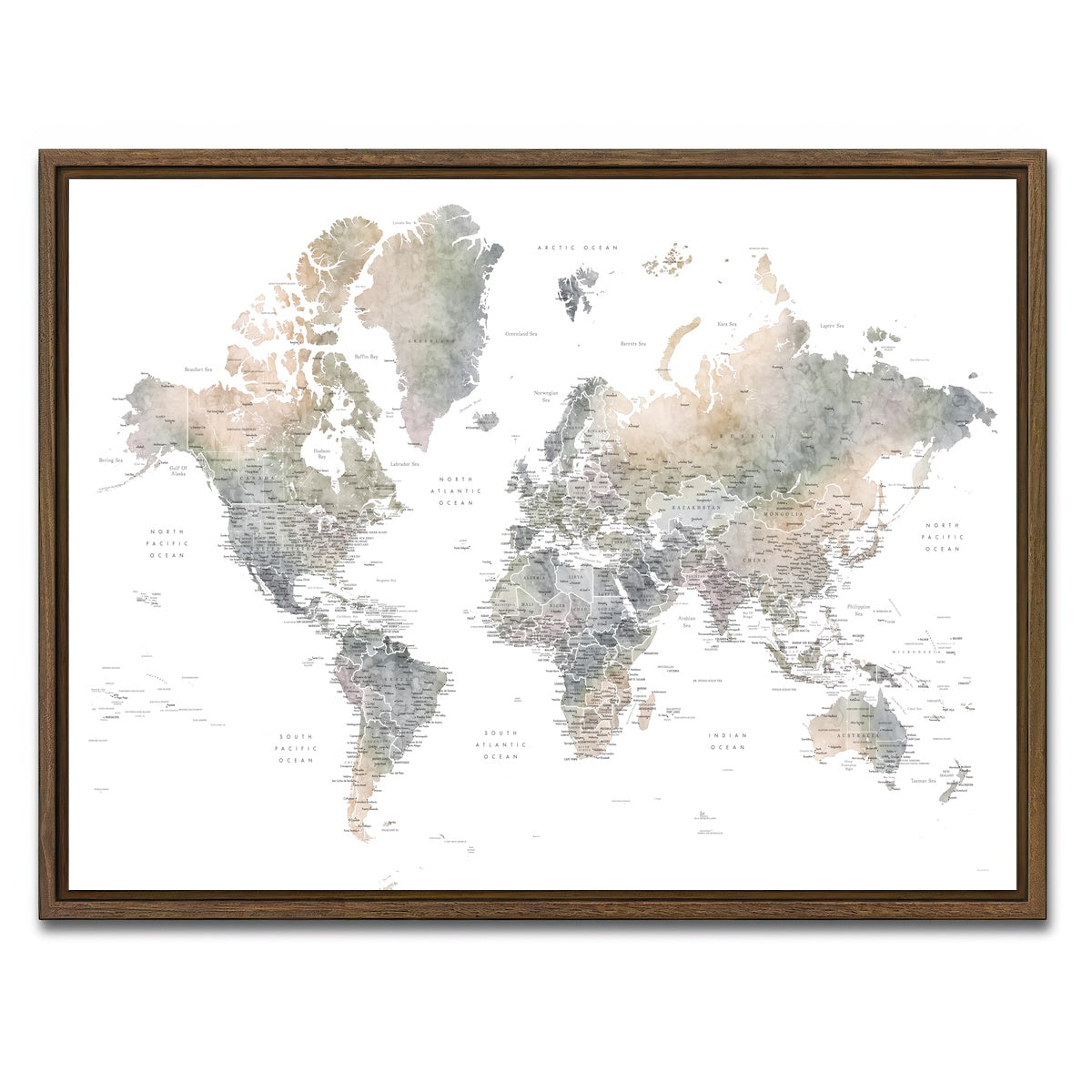 AUTO-MOCKUP WHITE | World Map 36 | 1 Piece | Walnut Framed Canvas | group=4x3
