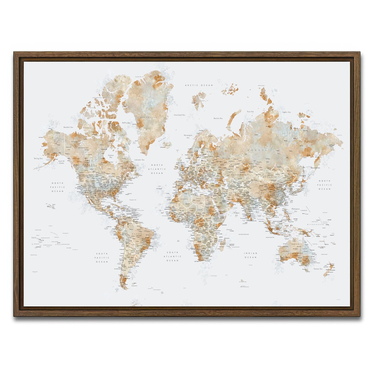 AUTO-MOCKUP WHITE | World Map 46 | 1 Piece | Walnut Framed Canvas | group=4x3