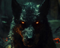 black wolf with glowing orange eyes Wall Art