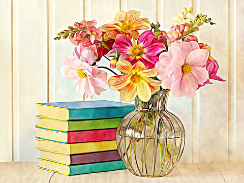 dahlias and colorful books Wall Art