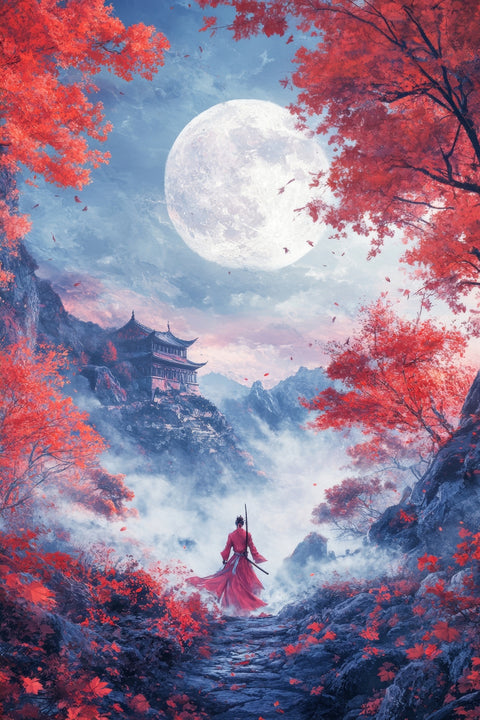 samurai warrior stands before the moon Wall Art