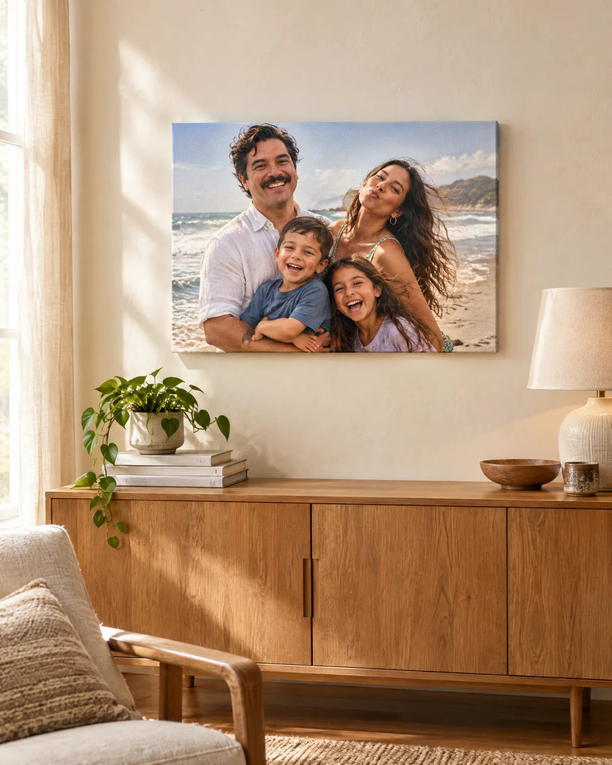 Example family beach photo printed on a physical canvas in a living room