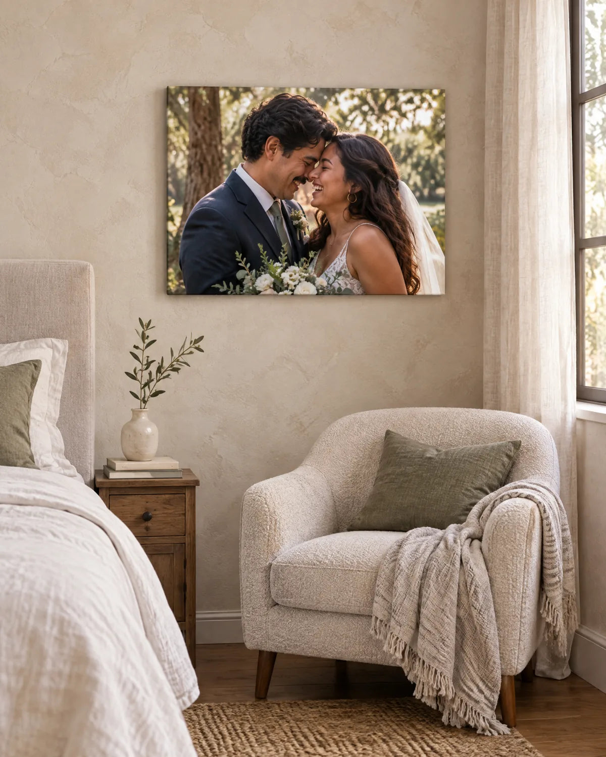 Example wedding photo printed on a canvas in a bedroom